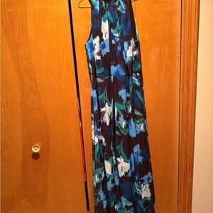 Adrianna Papell Blue and Green Floral dress Jumpsuit pants under dress with slit